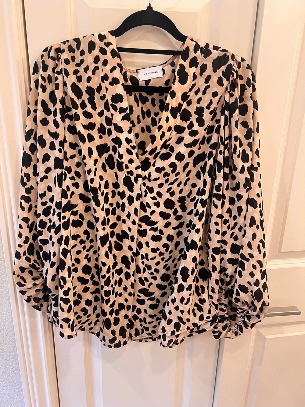 Adrienne Beige and Black Leopard-Print V-Neck Blouse